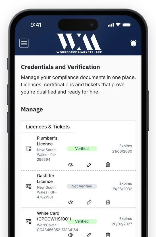 The Workforce Marketplace credentials screen on a phone, listing licences and tickets with their verification status and expiry dates