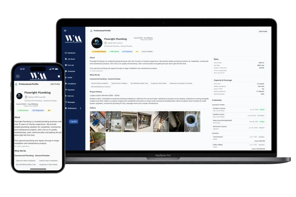 The Workforce Marketplace subcontractor profile shown on a laptop and a phone, with verification badges, rates, credentials and a project gallery